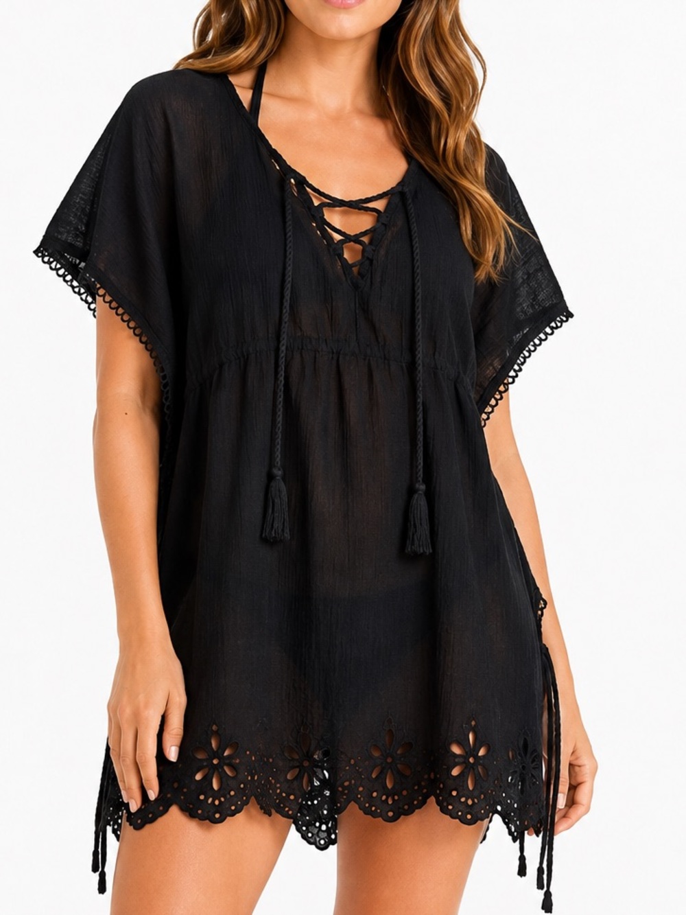 Old Navy Black Gauze Eyelet Lace Up Tassel Boho Swim Cover Up Tunic Small
